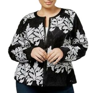 INC International Concepts Black Long Sleeve Lace Faux Leather Trim Jacket Sz 0X